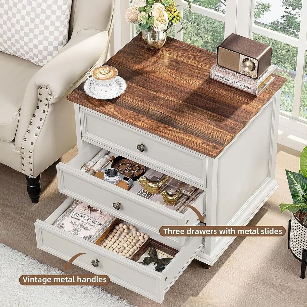 Two Nightstands With Wood End Tables And Metal Handles