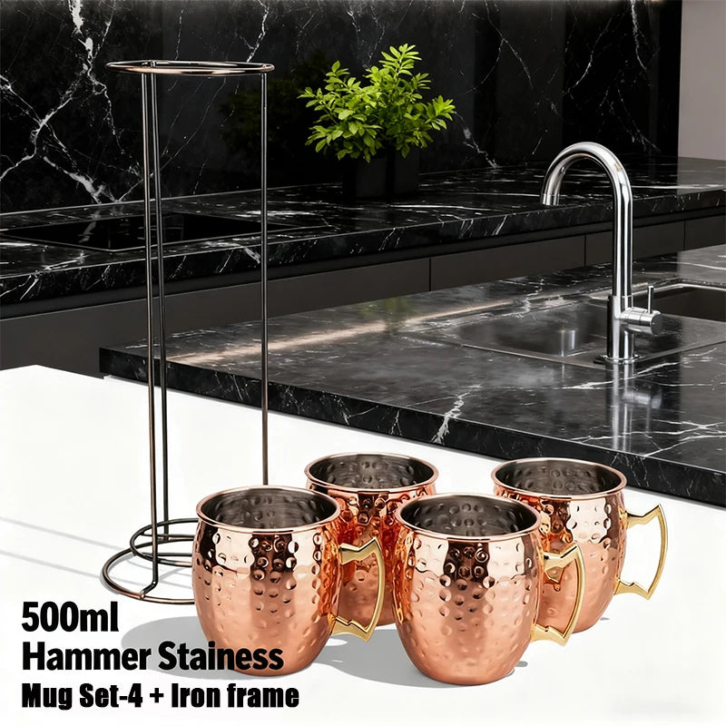 Moscow Mule Mugs Set 4 Pieces 500ml With Iron Rack