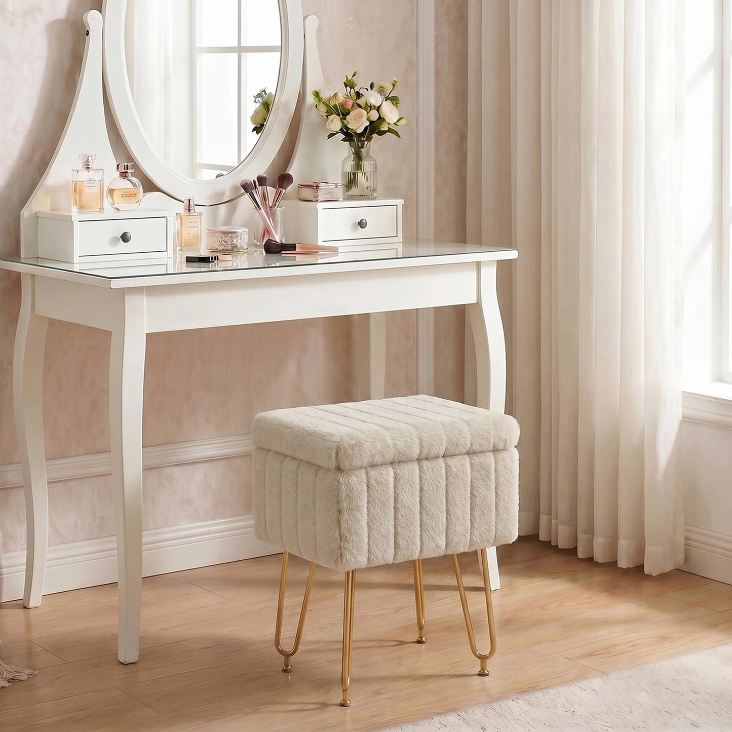 JHK Faux Fur Ottoman Vanity Stool With Storage