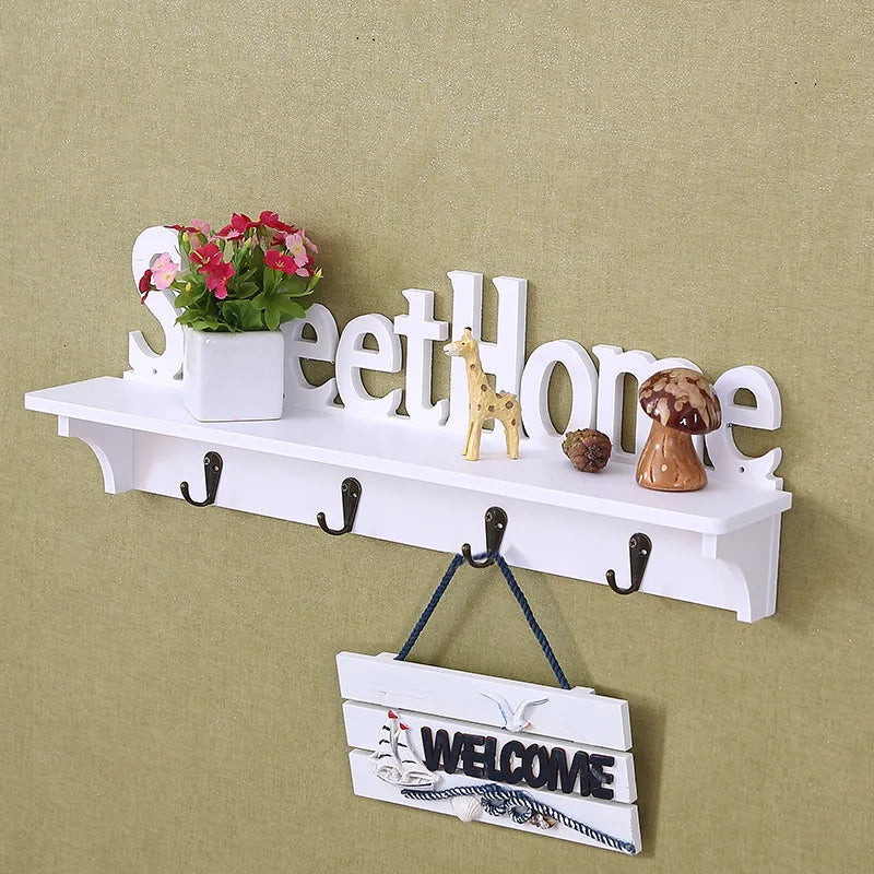 Carved Bamboo Wall Hanging Rack Shelf With Five Hooks