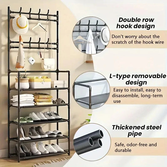 Entryway Shoe and Accessory Rack With Double Row Hooks