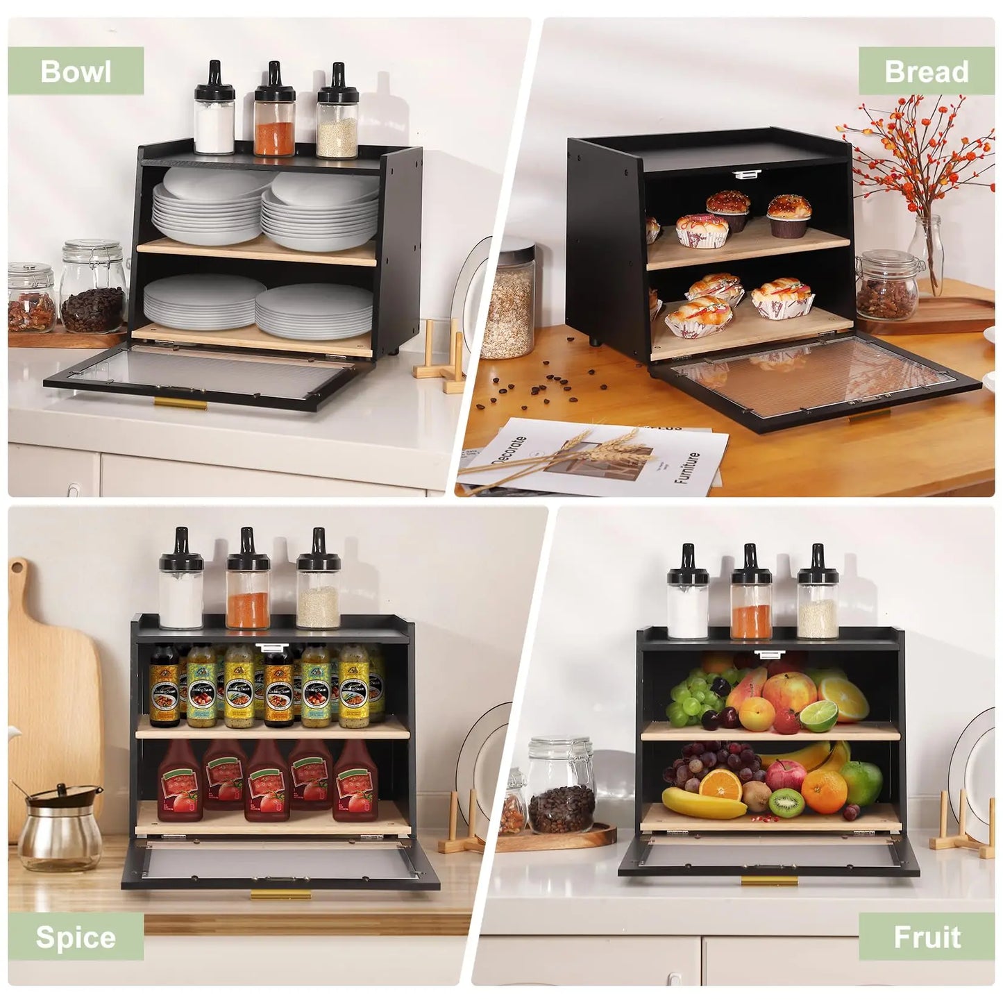 Studyset Double Layer Bamboo Bread Box With Acrylic Wave Doors