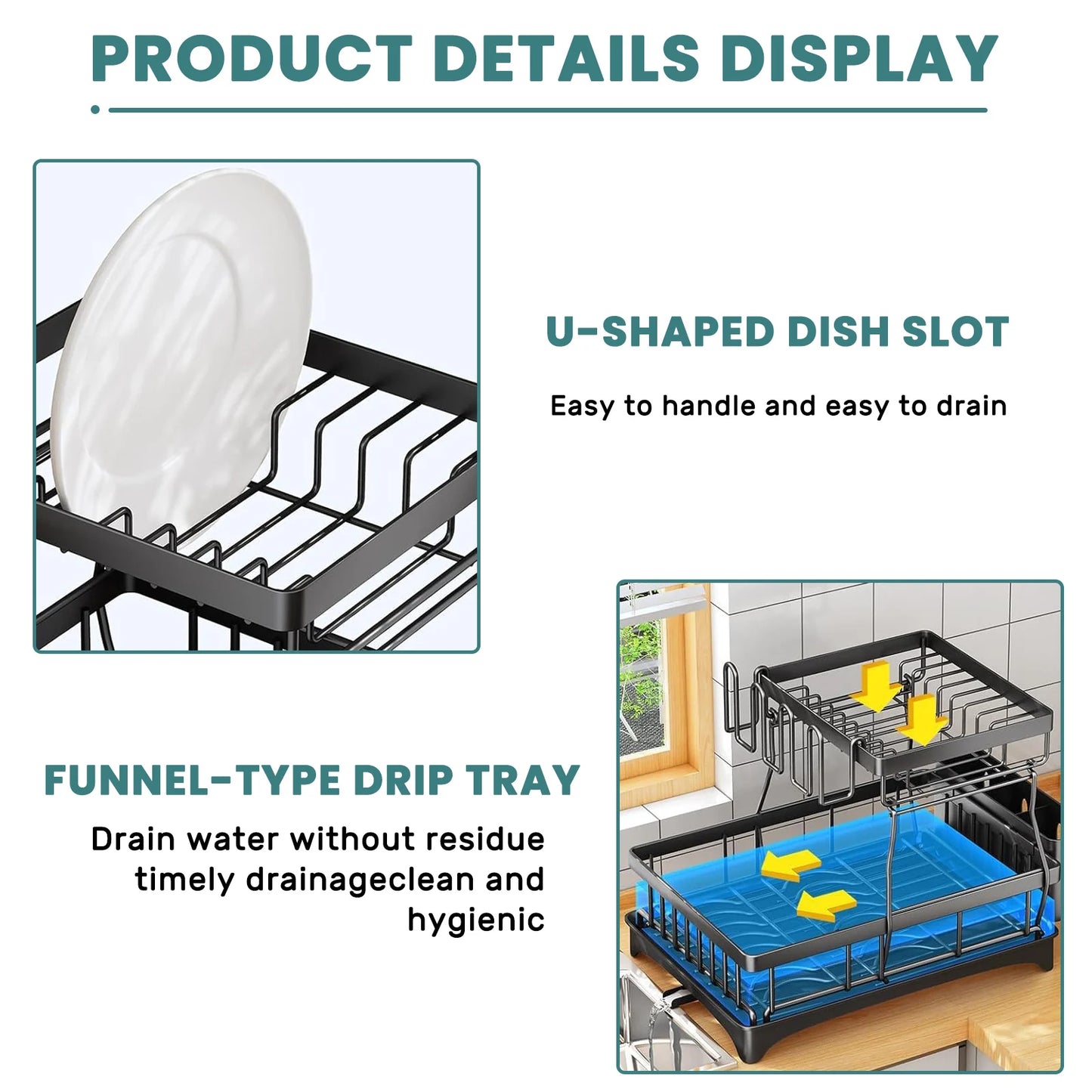 Two-Tier Dish Drying Rack for Kitchen Countertops, Removable