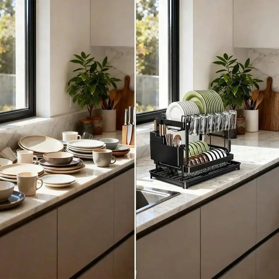 Two-Tier Stainless Steel Dish Rack With Drainer Plate And Cup Holder
