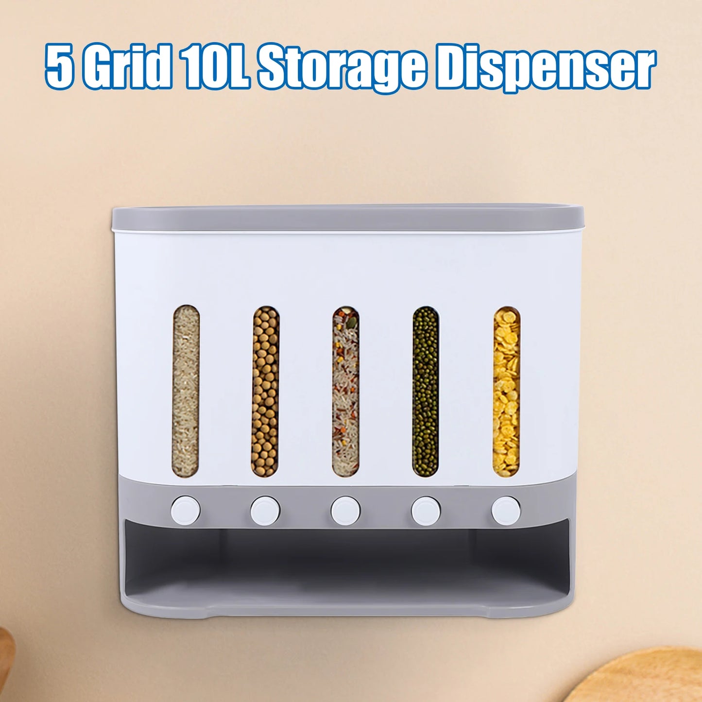 Wall Mounted 5-Compartment Rice Dispenser And Food Storage