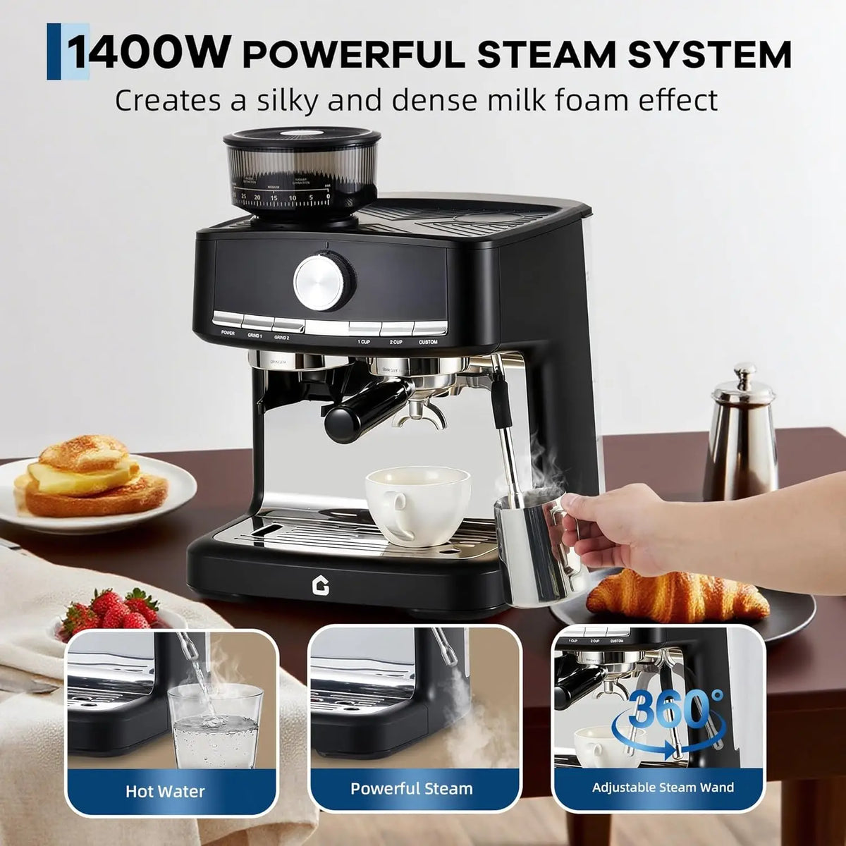 Espresso Machine With Grinder And Steam Wand, 20 Bar Pressure