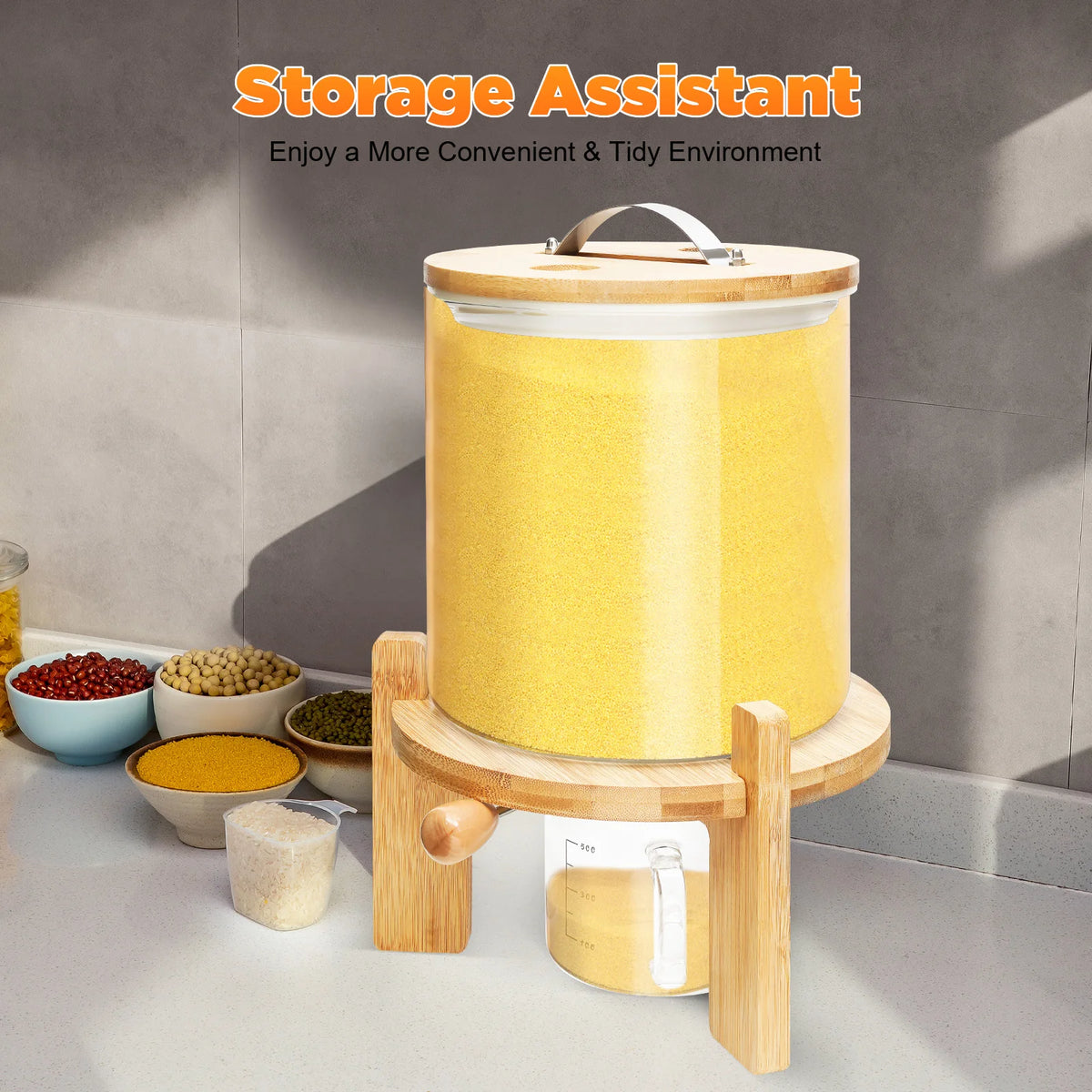 Airtight Glass Cereal Dispenser With Bamboo Lid and Stand