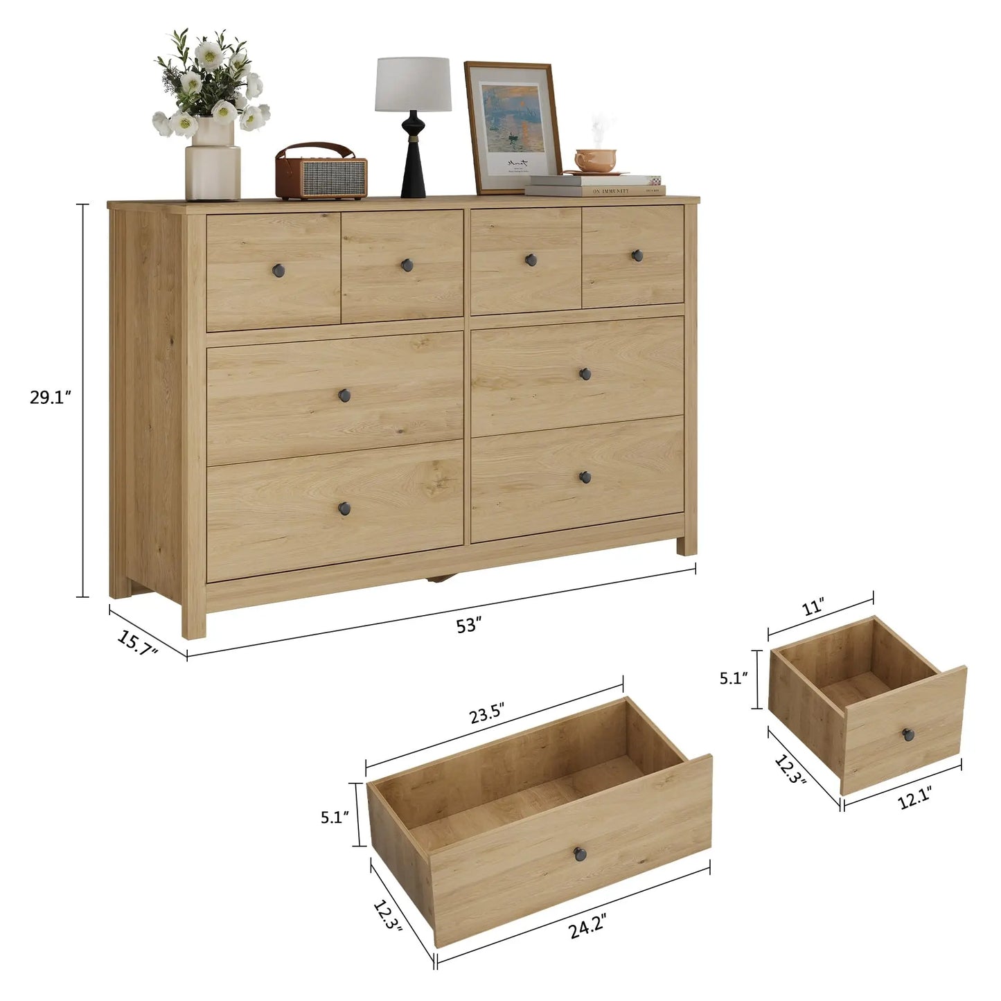 HiMISS Modern 8 Drawer Dresser Oak Wood Grain Storage Chest