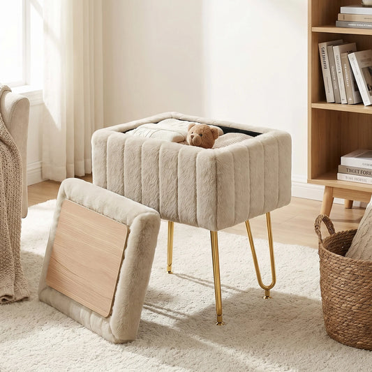 JHK Faux Fur Ottoman Vanity Stool With Storage