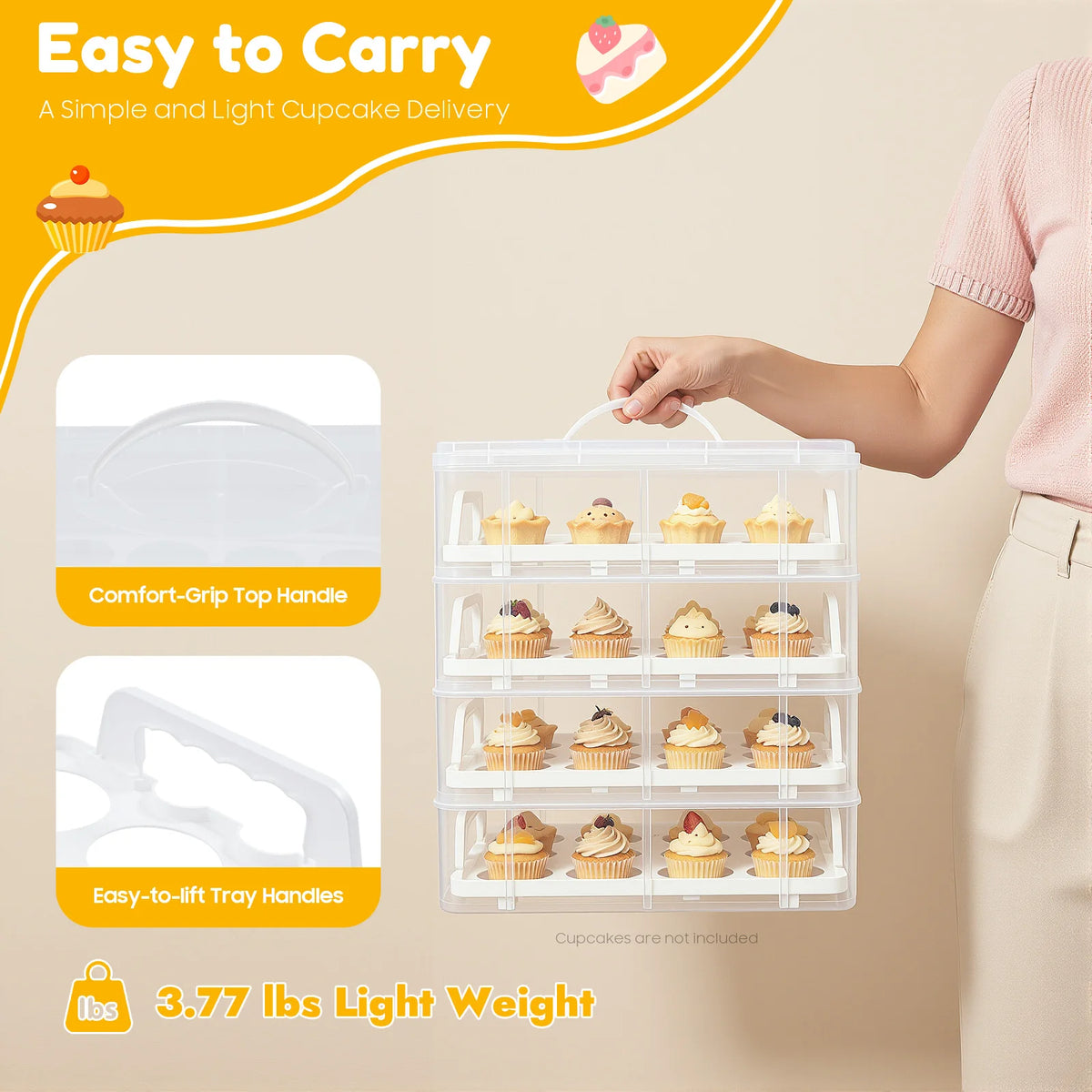 Four Tier Cupcake Carrier With Snap Lock Lid And Handle