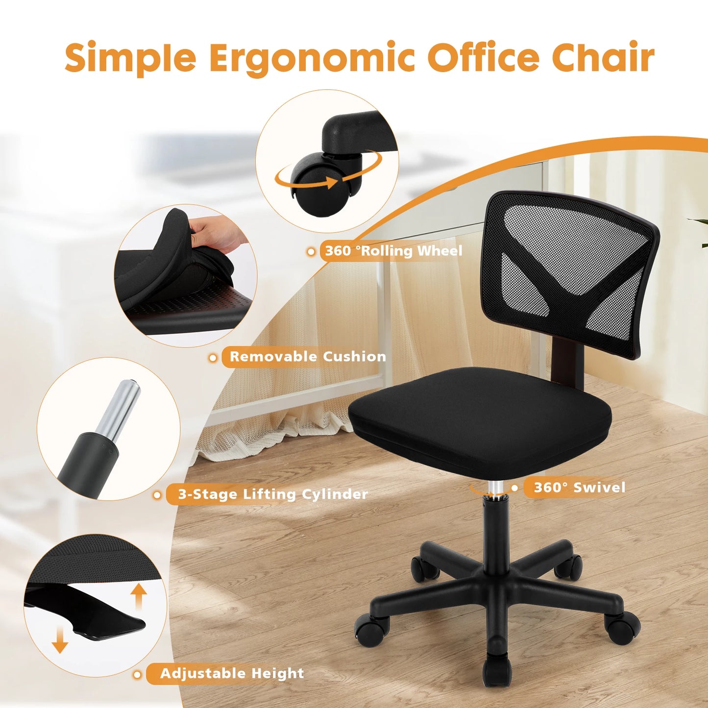JHK Mesh Lumbar Support Armless Office Chair with Wheels