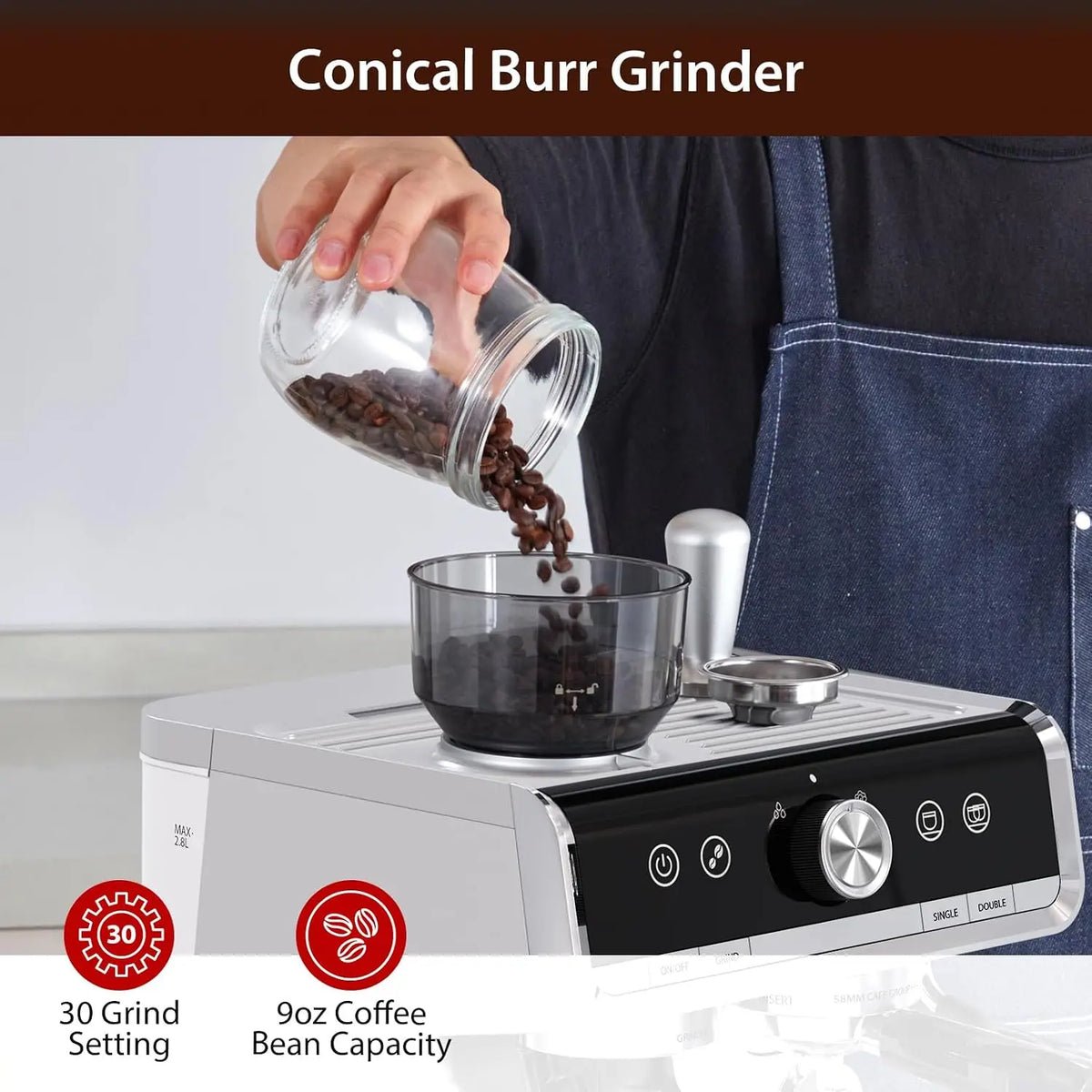 Espresso Machine With Conical Burr Grinder And Milk Frother