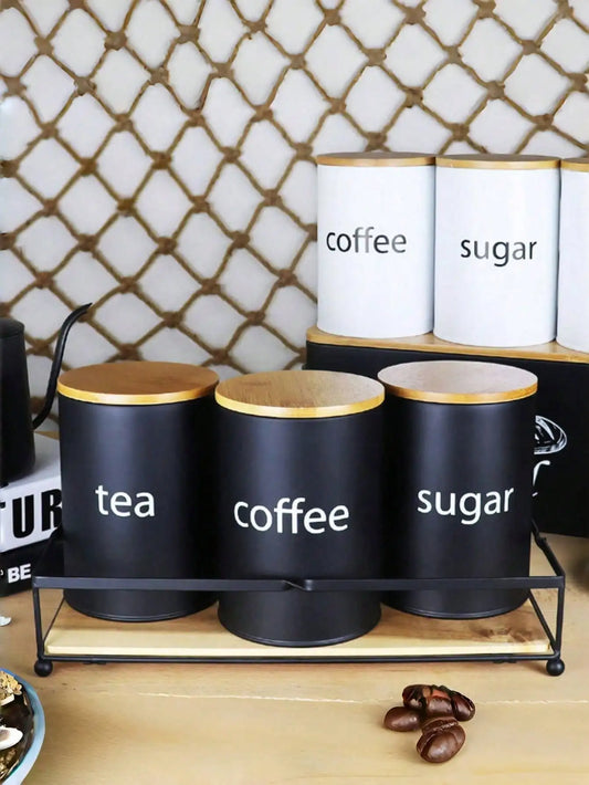 Farmhouse Coffee Tea Sugar Canister Set With Wooden Lids