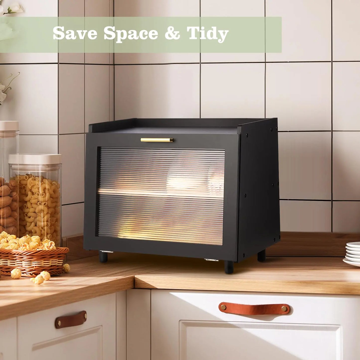 Studyset Double Layer Bamboo Bread Box With Acrylic Wave Doors