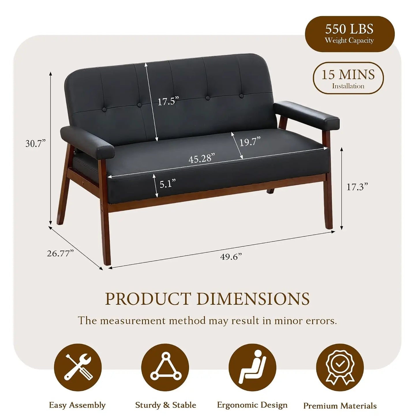 Mid Century Modern Faux Leather Office Loveseat With Wood Arms