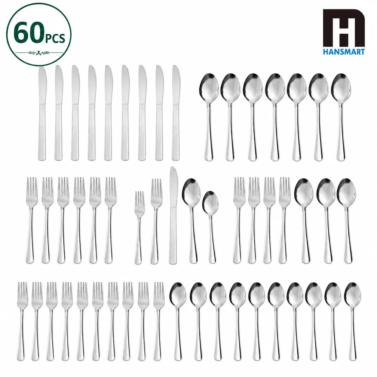 HANSMART 60 Piece Stainless Flatware Set For 12 Dishwasher Safe
