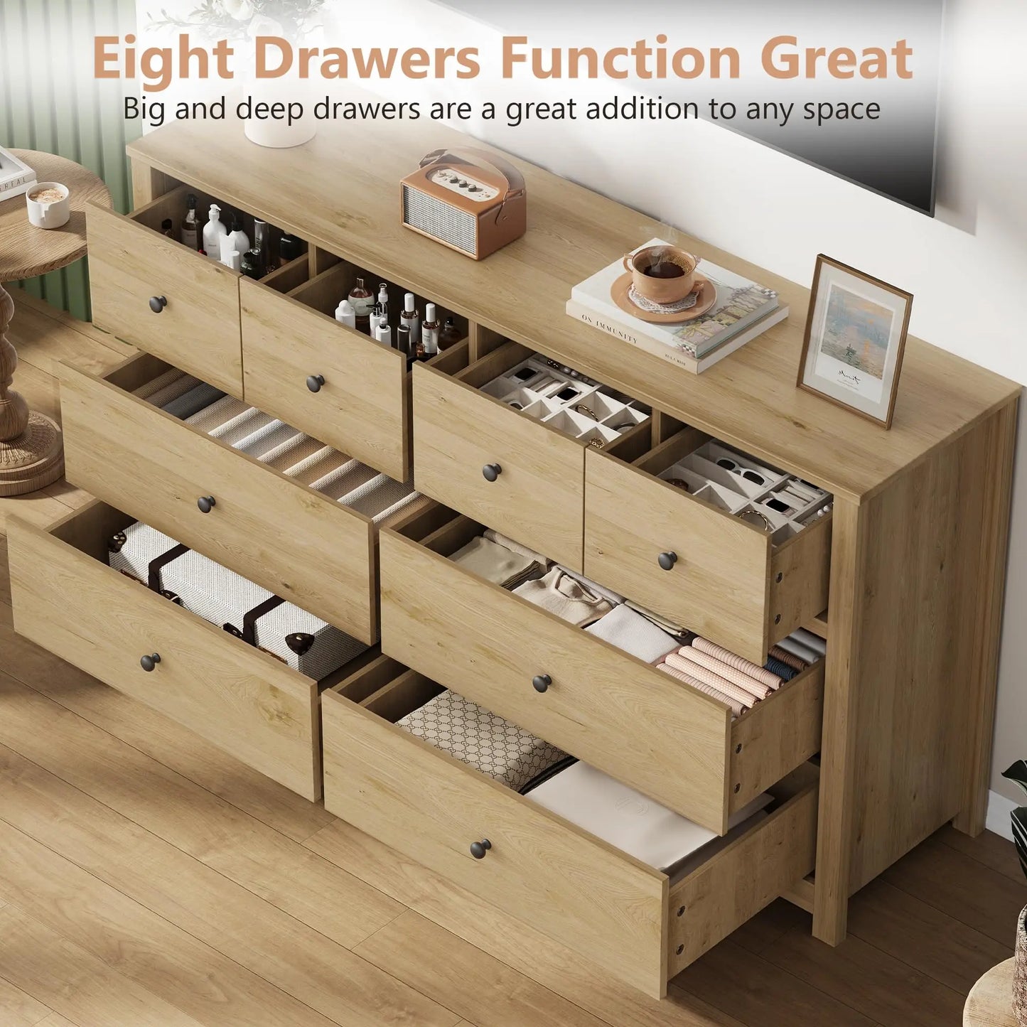 HiMISS Modern 8 Drawer Dresser Oak Wood Grain Storage Chest
