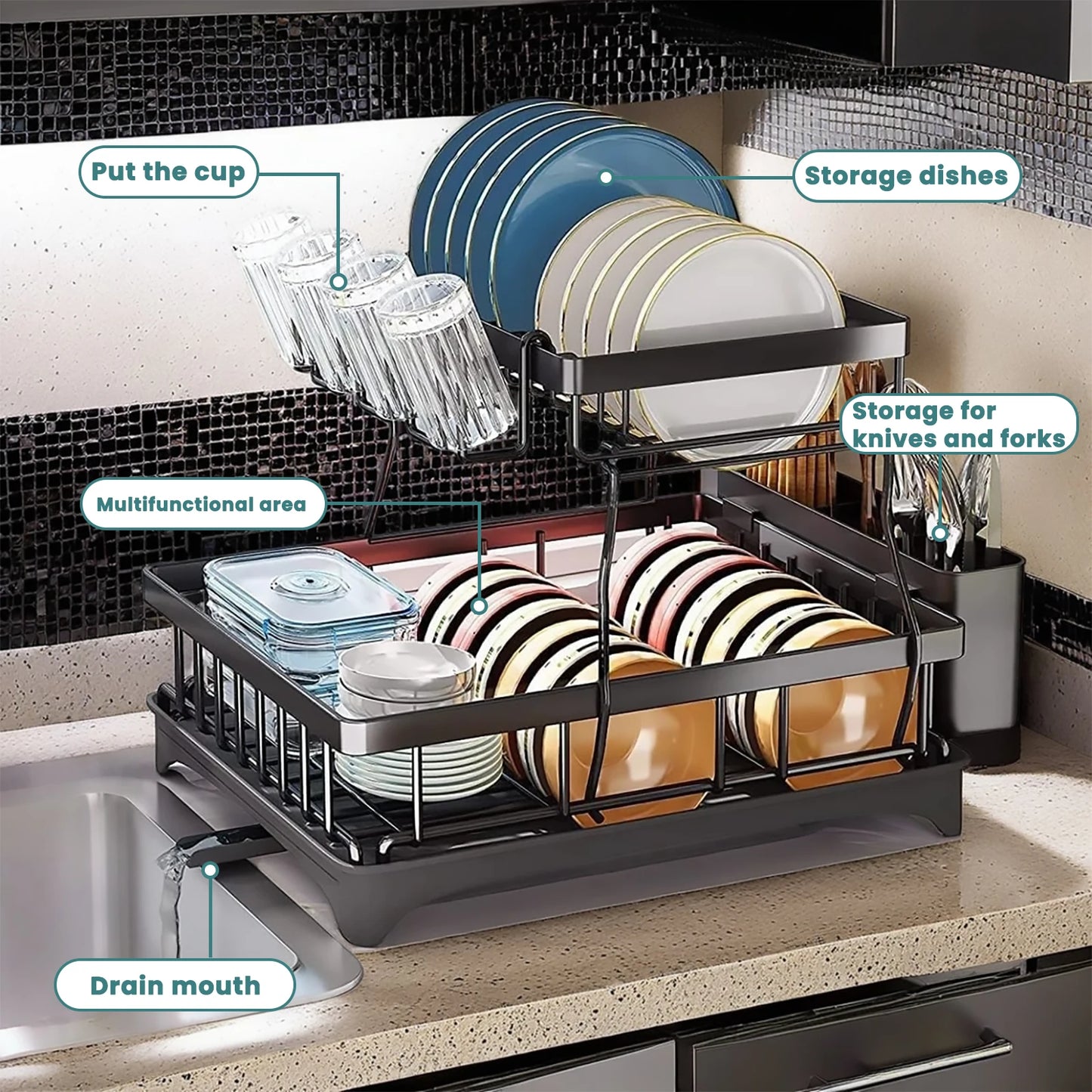 Two-Tier Dish Drying Rack for Kitchen Countertops, Removable