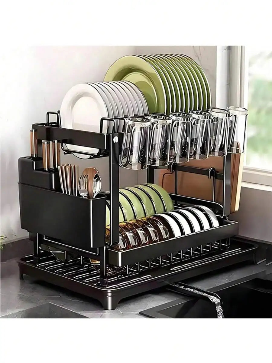 Two-Tier Stainless Steel Dish Rack With Drainer Plate And Cup Holder