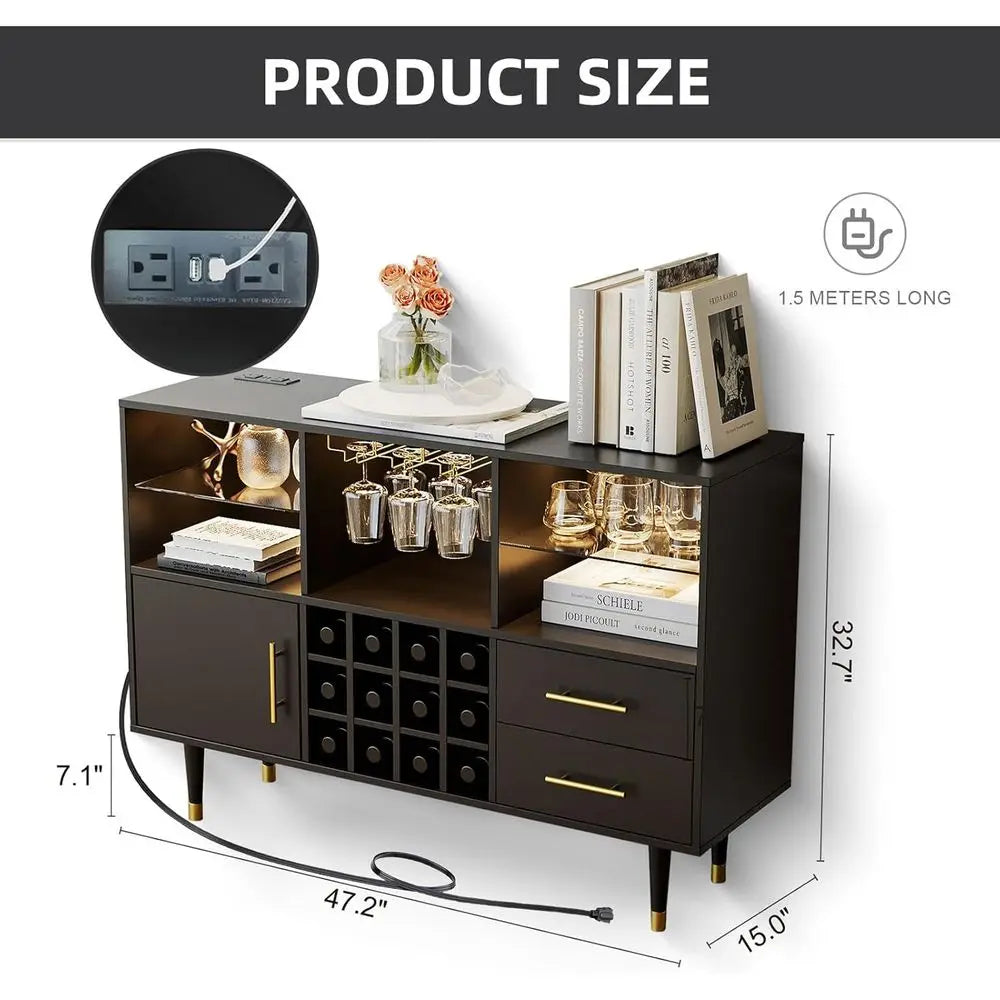 Bar Cabinet With Wine And Liquor Storage And LED Lighting